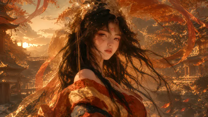 古风红衣少女夕阳高清壁纸