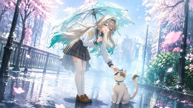 《崩坏:星穹铁道》流萤樱花雨中猫咪陪伴壁纸