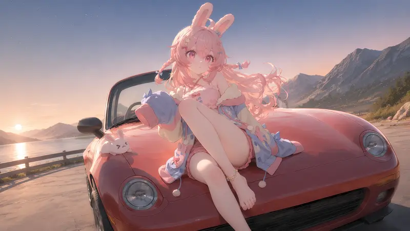 粉兔少女日落高清壁纸