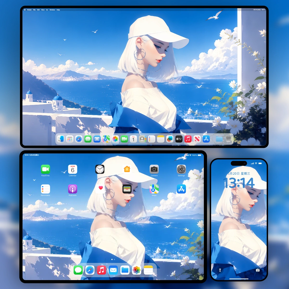 白发少女蓝色海景天空壁纸缩略预览图