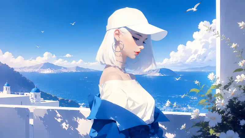 白发少女蓝色海景壁纸