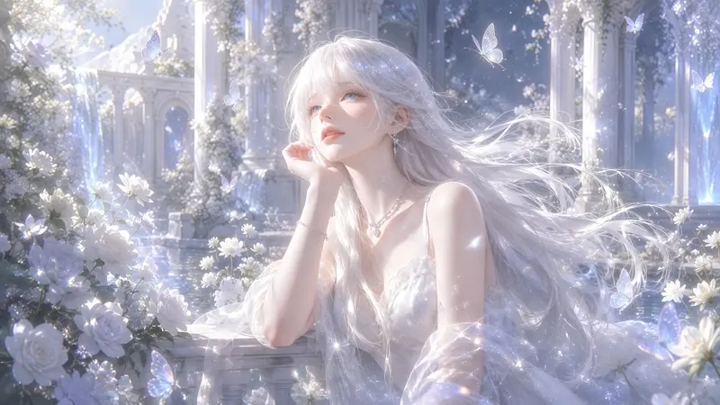 白发少女花海圣殿高清壁纸