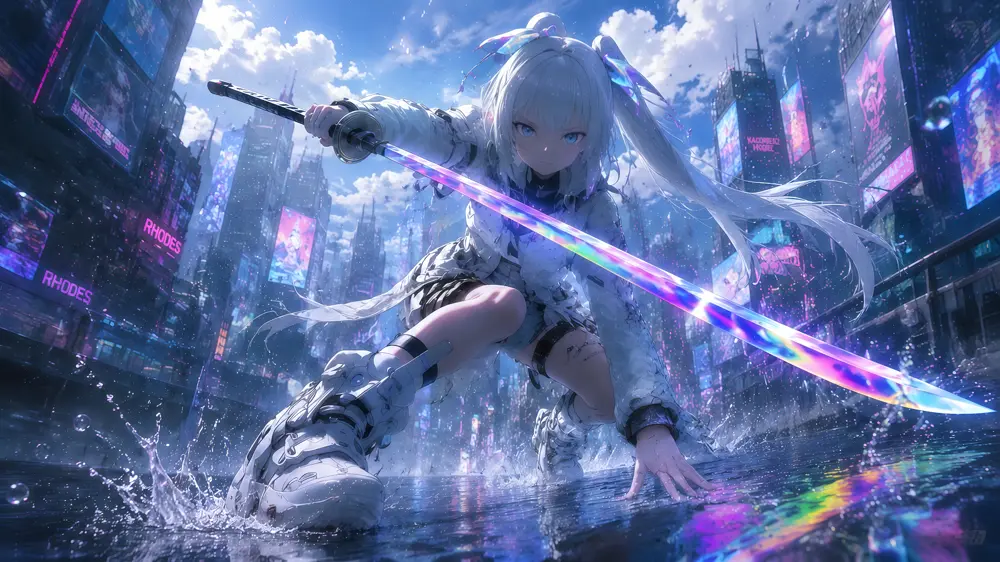 白发少女未来都市战斗电脑壁纸预览图