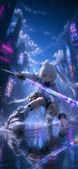 白发少女未来都市战斗手机壁纸预览图