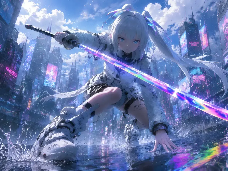 白发少女未来都市战斗平板壁纸预览图