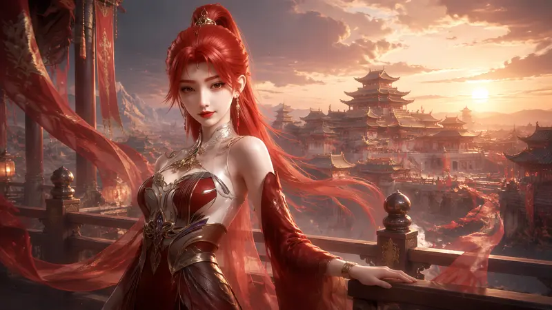 《百炼成神》火允儿高清壁纸 红金战甲皇宫黄昏壁纸