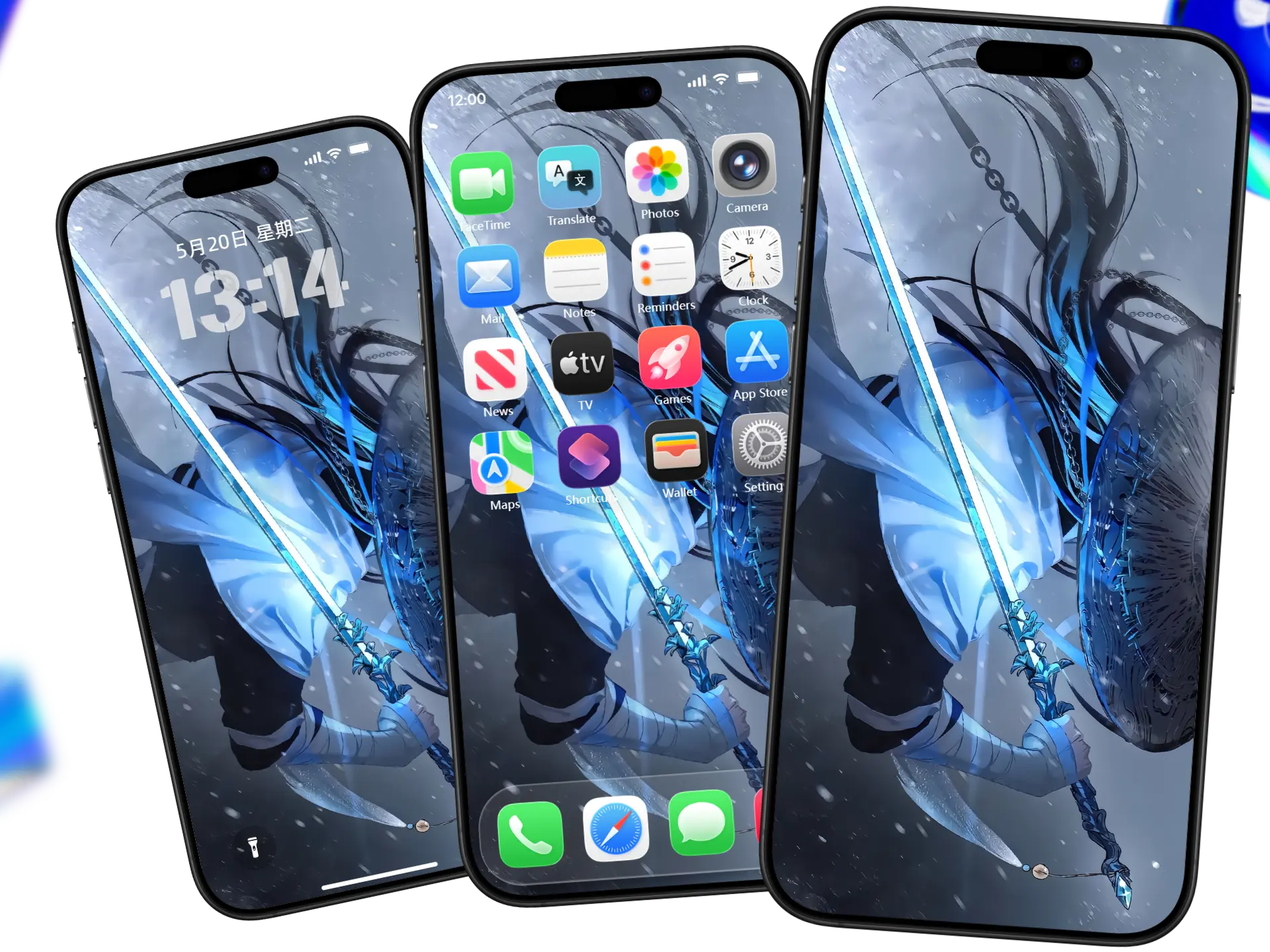 古风剑客 4K 手机壁纸 - 蓝白飘雪意境,适配全面屏 / 曲面屏