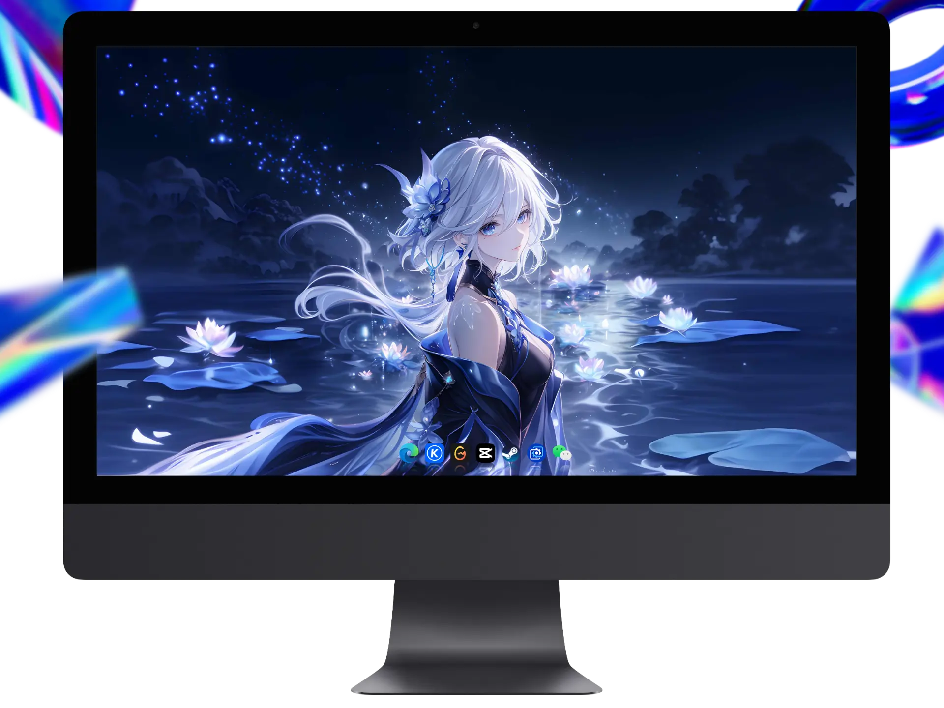 原神芙宁娜 4K 壁纸 - 银白发丝映莲池荧光,适配多设备画质增强