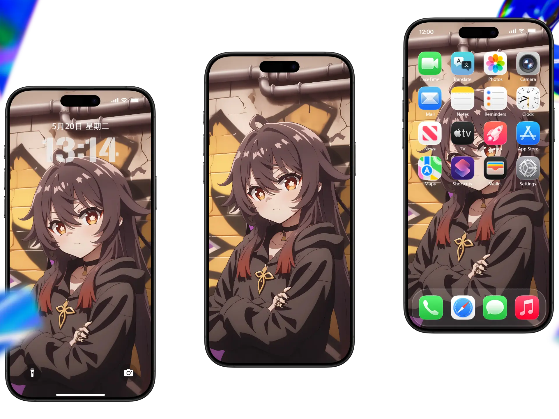 原神胡桃 4K 手机壁纸 - 渐变挑染 + 街头涂鸦背景,适配全面屏 / 曲面屏