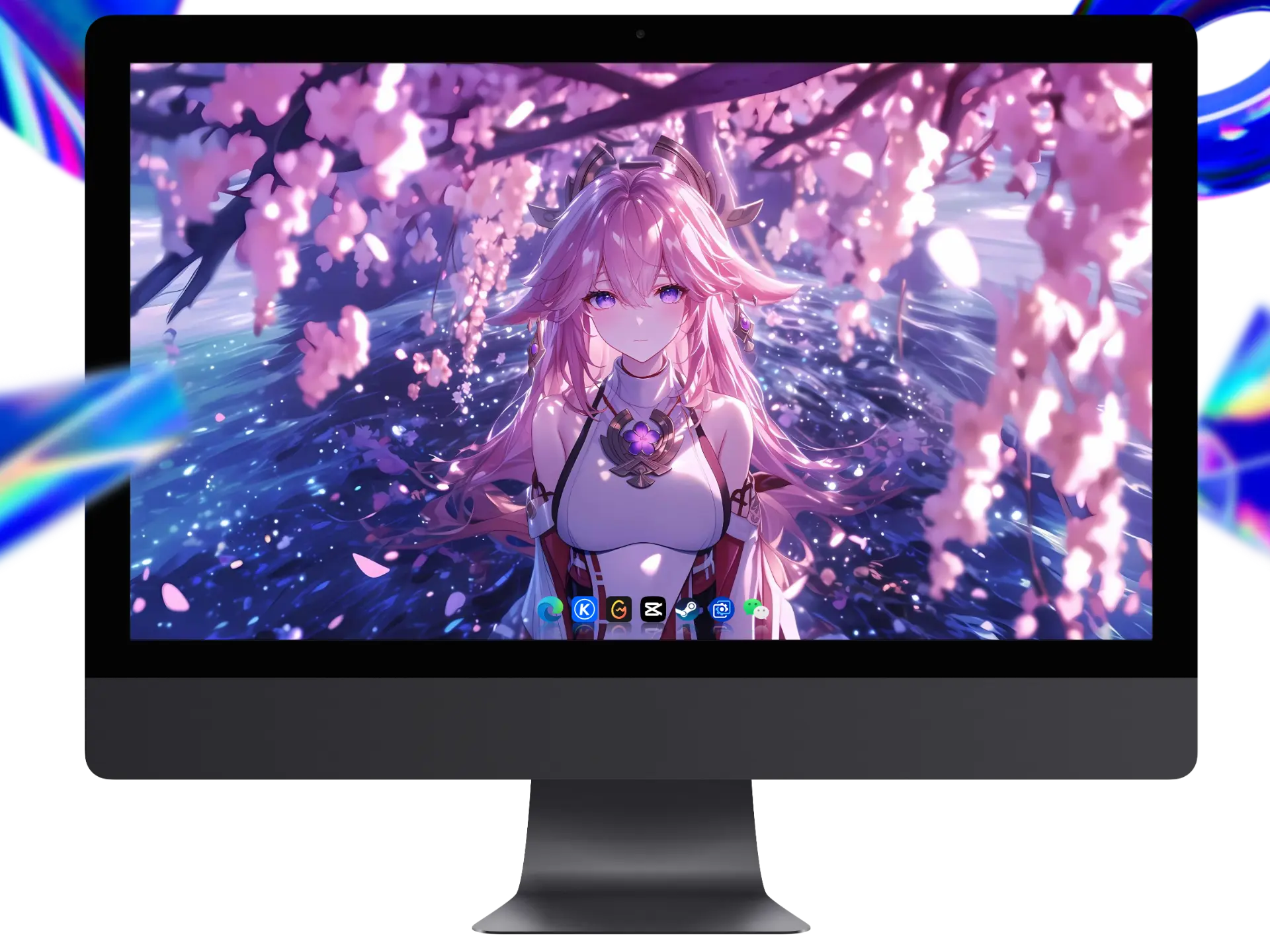 神八重神子 4K 壁纸 - 粉樱环绕稻妻巫女,适配 27 寸超宽屏