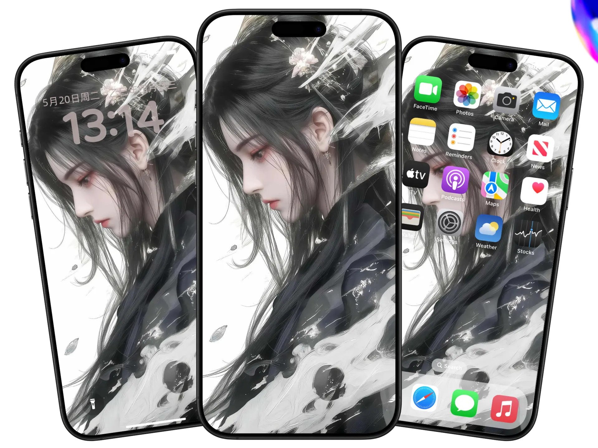 古风水墨动漫美女 2K 手机壁纸 | 飘逸黑发・精致发饰・意境泼墨特效(适配手机端 )