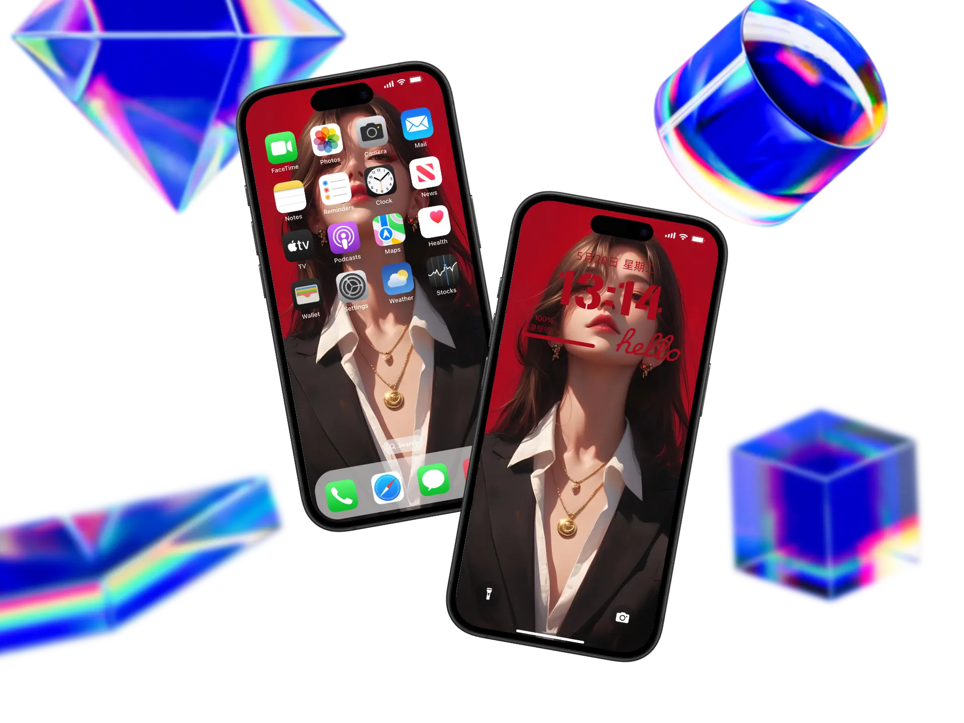 红色背景商务夹克动漫少女4K手机壁纸,白衬衫与金色项链交相辉映