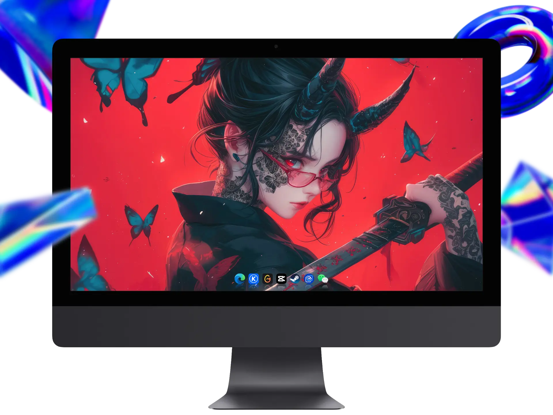 红底背景下恶魔少女侧眸,角饰眼镜与血痕武士刀4K高清壁纸