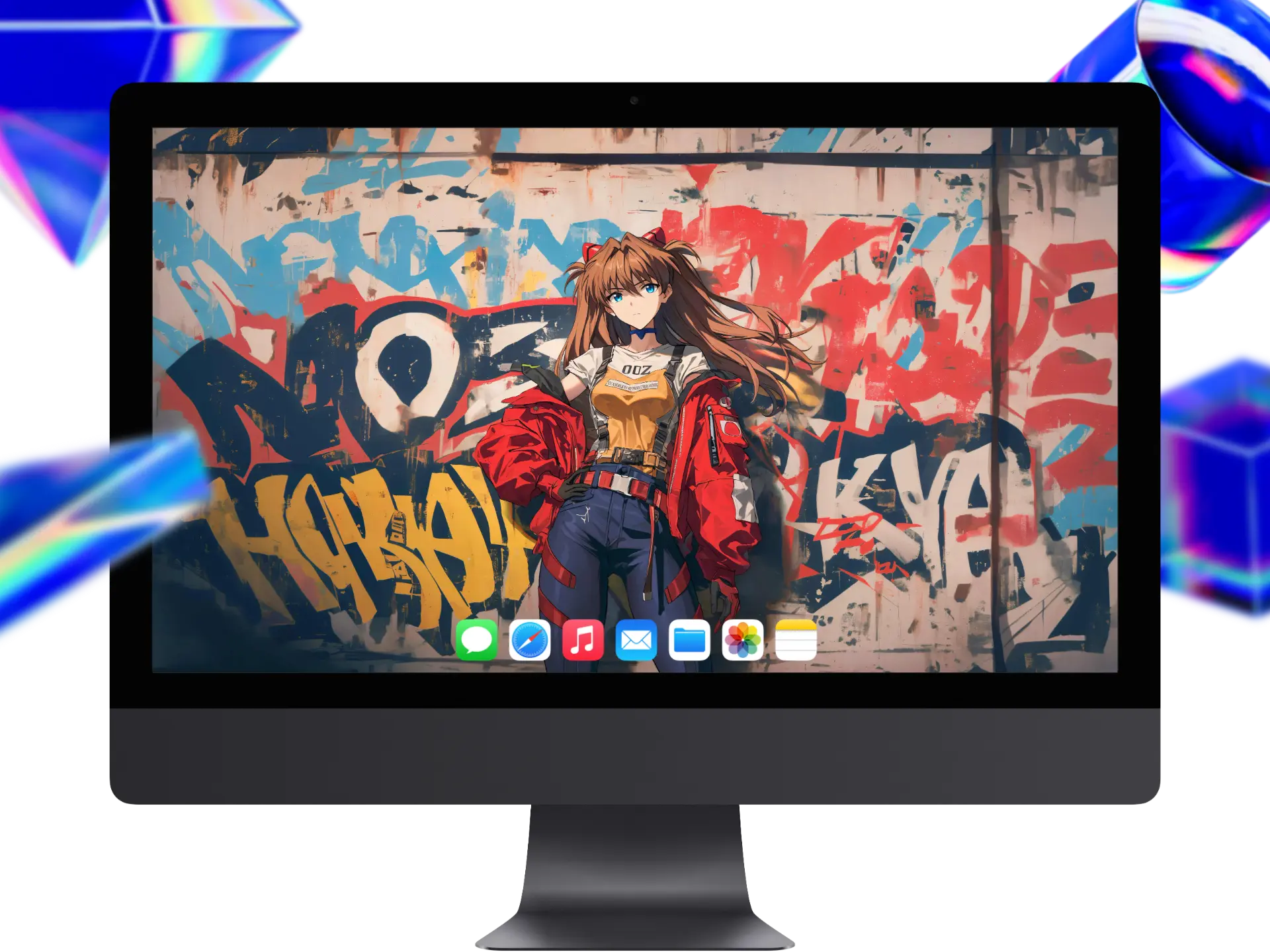 EVA明日香4K动漫壁纸,街头涂鸦背景与潮流夹克不羁形象