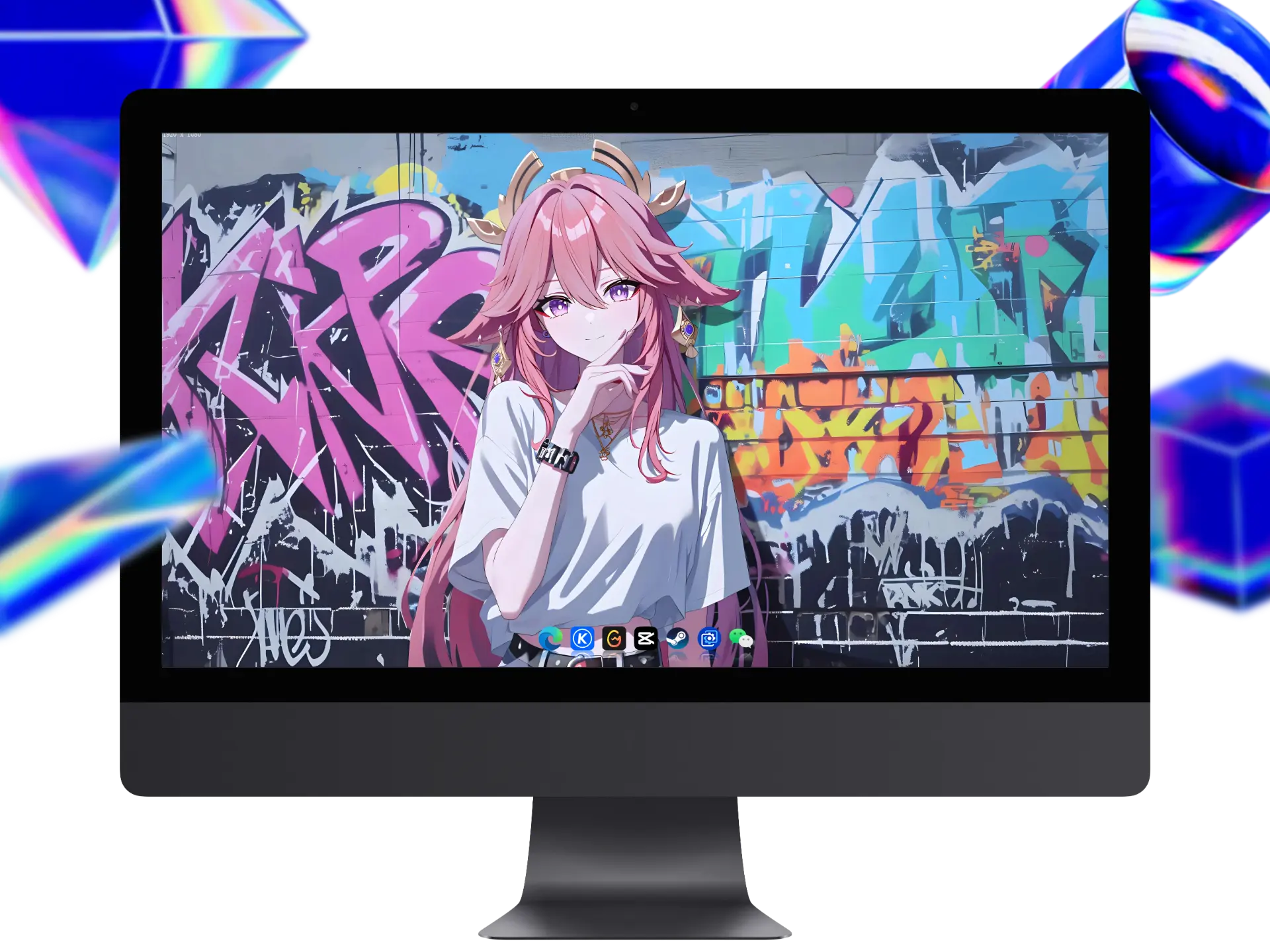 《原神》八重神子4K电脑壁纸，粉色长发狐狸耳，现代休闲装扮，白色T恤搭配涂鸦墙背景，超清动漫插画