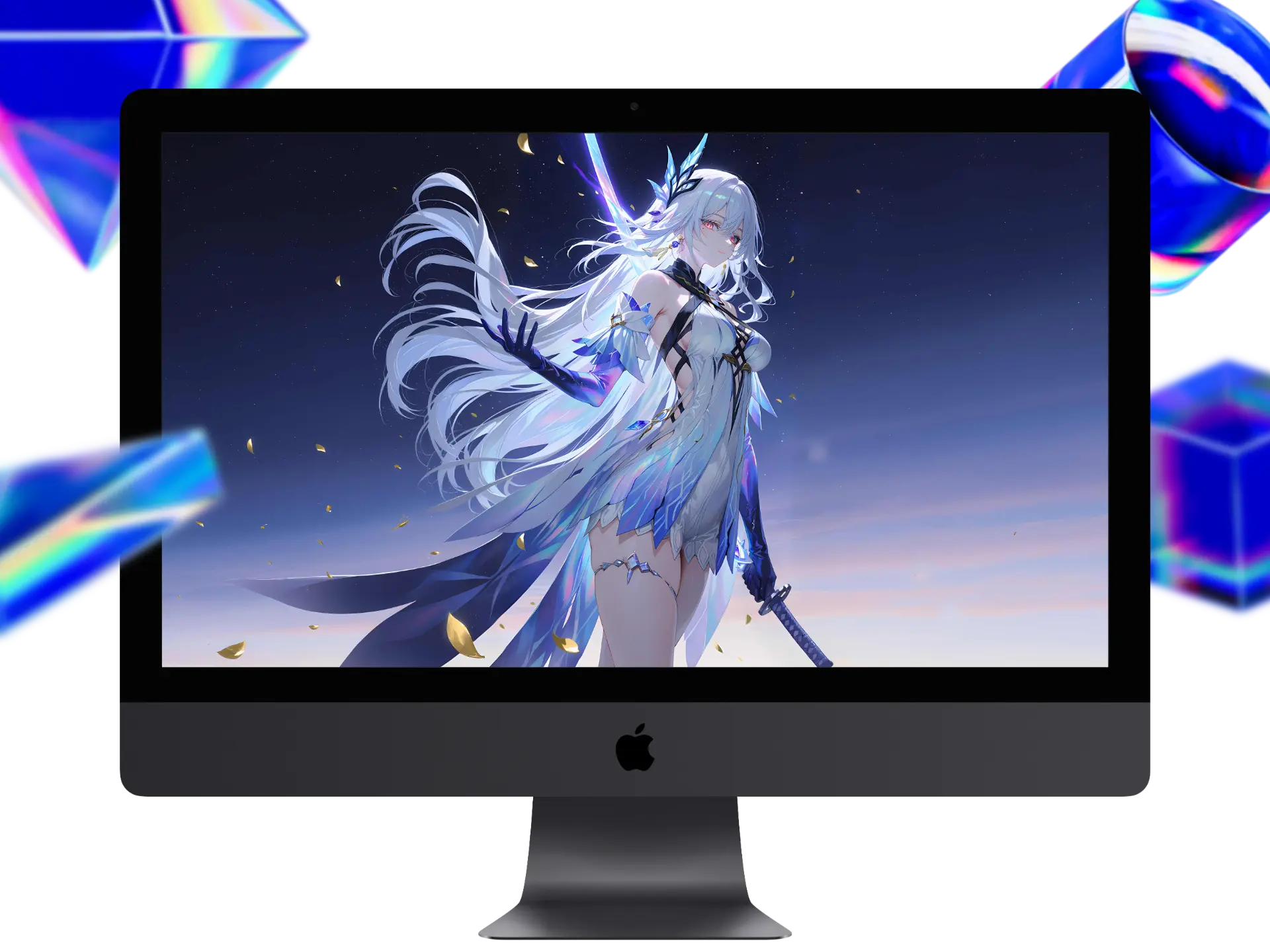 AI绘画原神丝柯克4K电脑壁纸，冰晶战衣与星辰夜空奇幻剑士