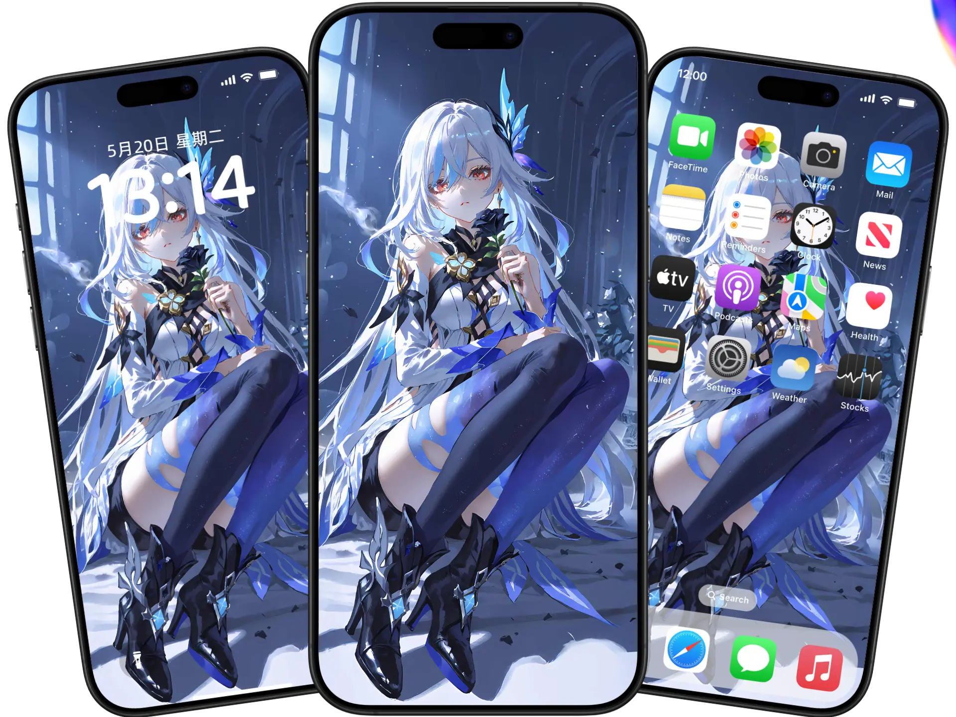 原神同人·丝柯克银白长发红眸,手持黑玫瑰坐于破碎遗迹4K壁纸