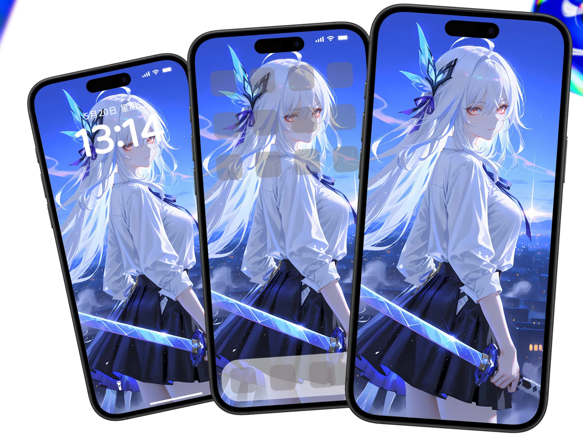 原神丝柯克银发红瞳侧眸,手持蓝晶剑校园风4K手机壁纸