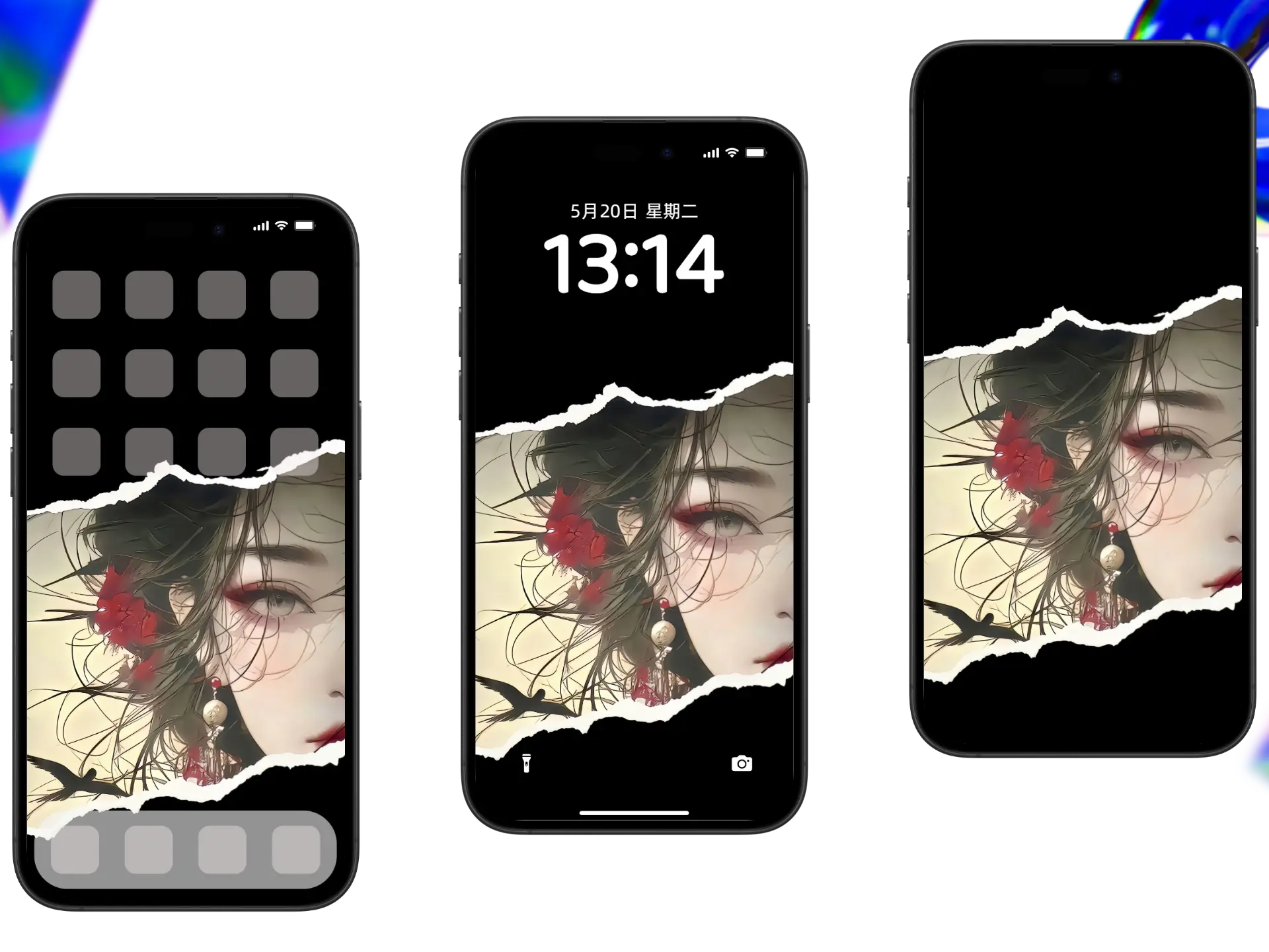 古风女子撕裂画风半脸特写,黑红搭配与飞鸟元素的4K手机壁纸