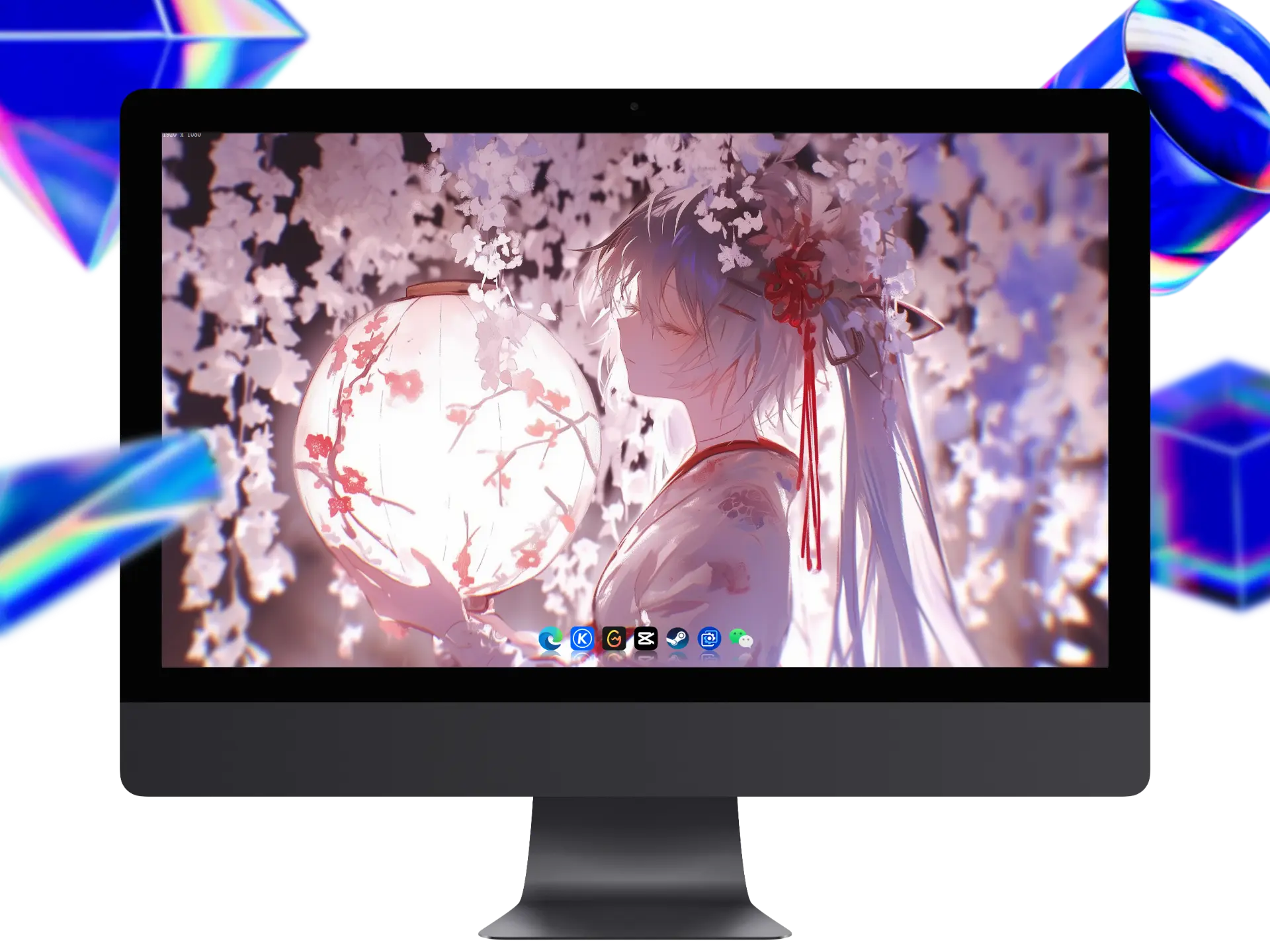 初音未来手持樱花灯笼，穿和服立于夜樱树下的高清4K动漫电脑壁纸