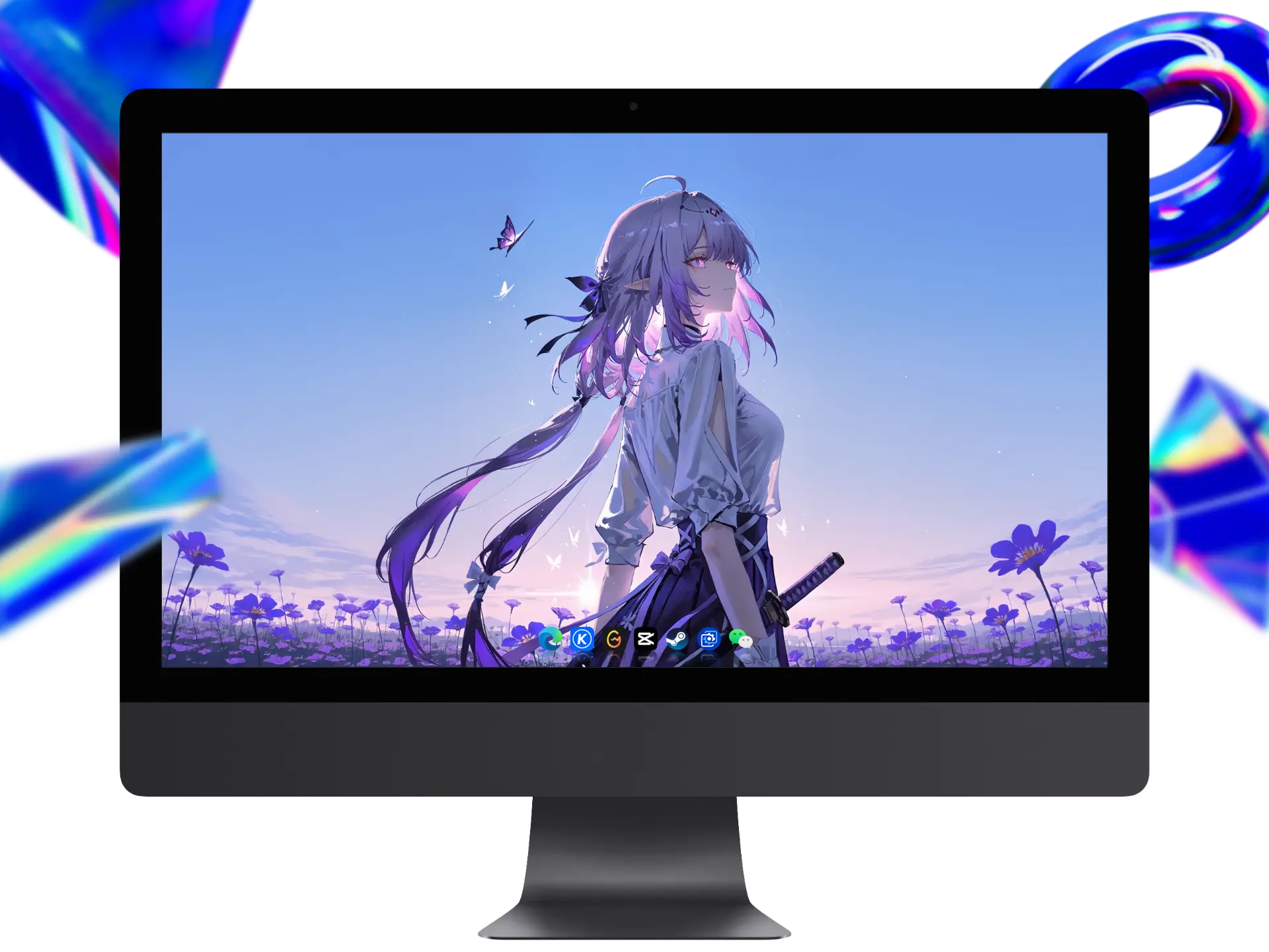 AI绘画《崩坏:星穹铁道》遐蝶4K电脑壁纸，淡紫色长发精灵耳少女，紫色花海与蝴蝶背景，手持刀剑，唯美日系插画