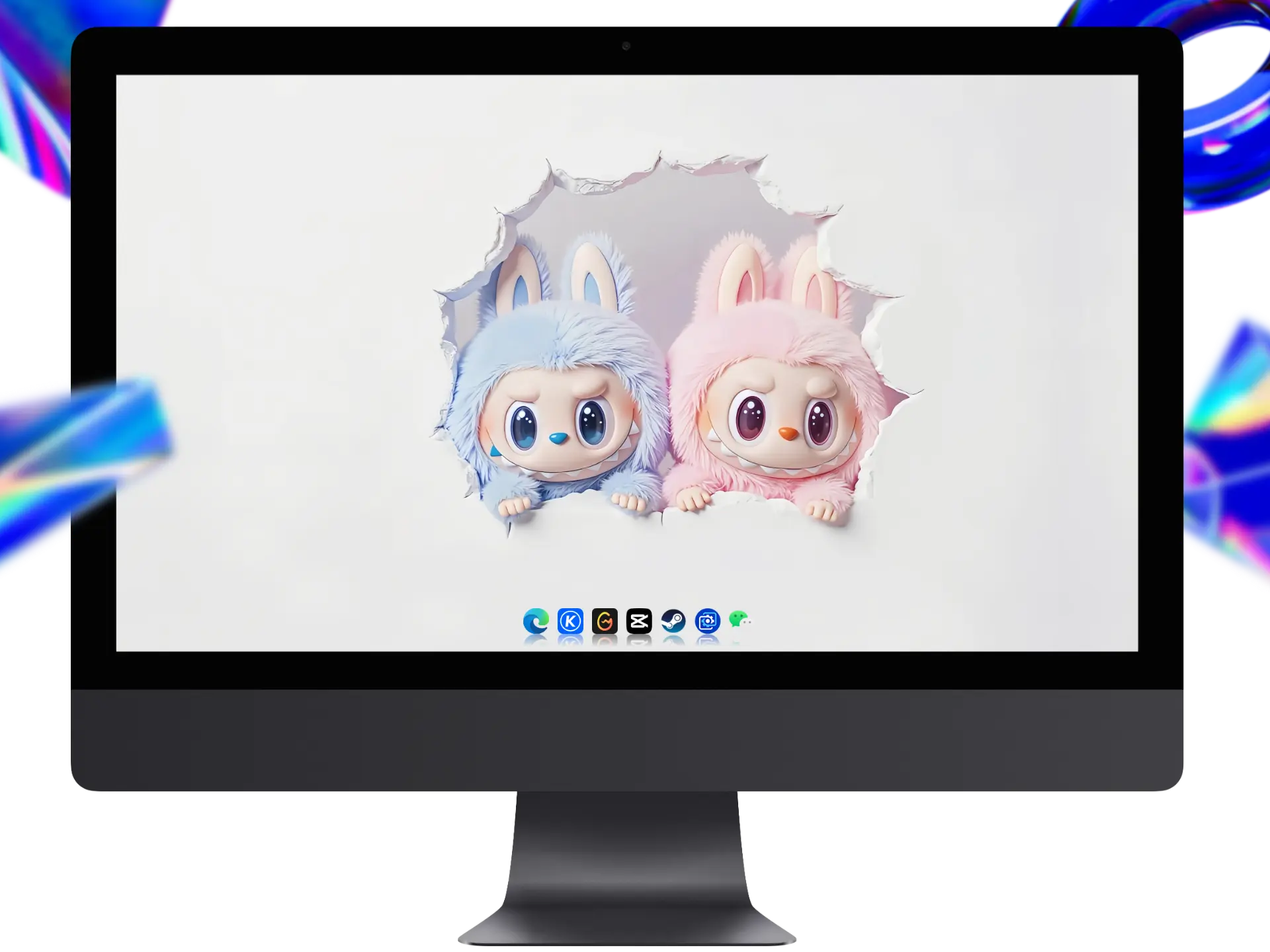 拉布布双生兔角色插画壁纸,粉蓝毛绒兔装卡通角色破纸而出,4808x2704 4K超清画质