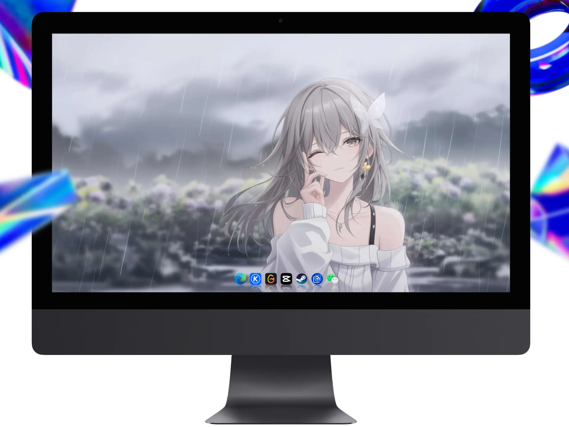 崩坏:星穹铁道流萤4K电脑壁纸,浅灰长发少女托腮微笑,雨幕背景下呈现文艺清新气质