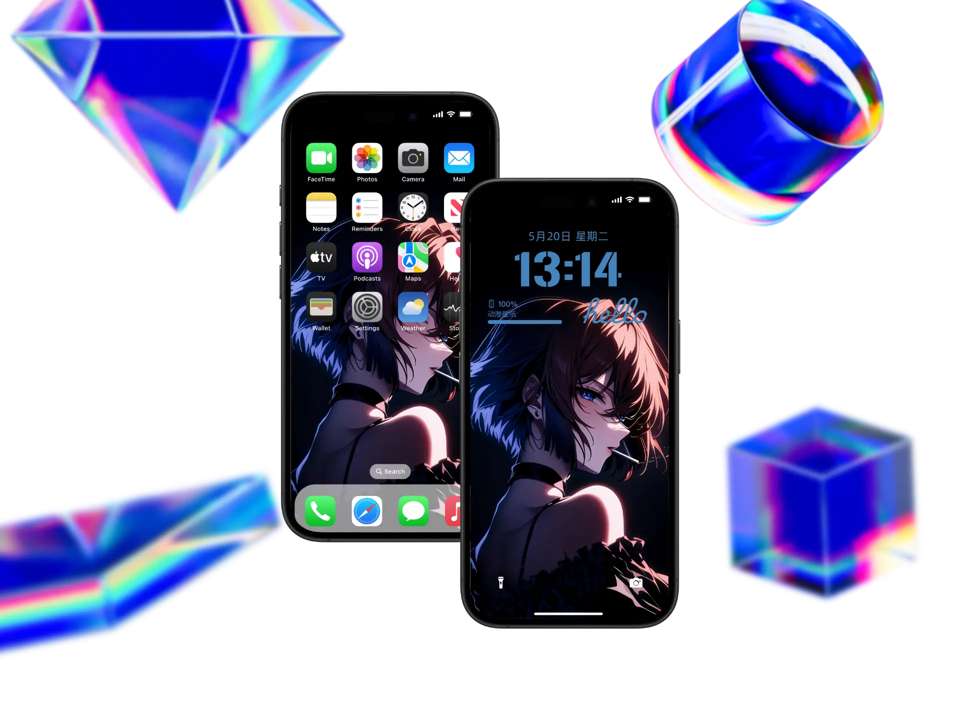 霓虹光影短发动漫少女4K手机壁纸,黑暗中闪烁的蓝红灯光与神秘洛丽塔风