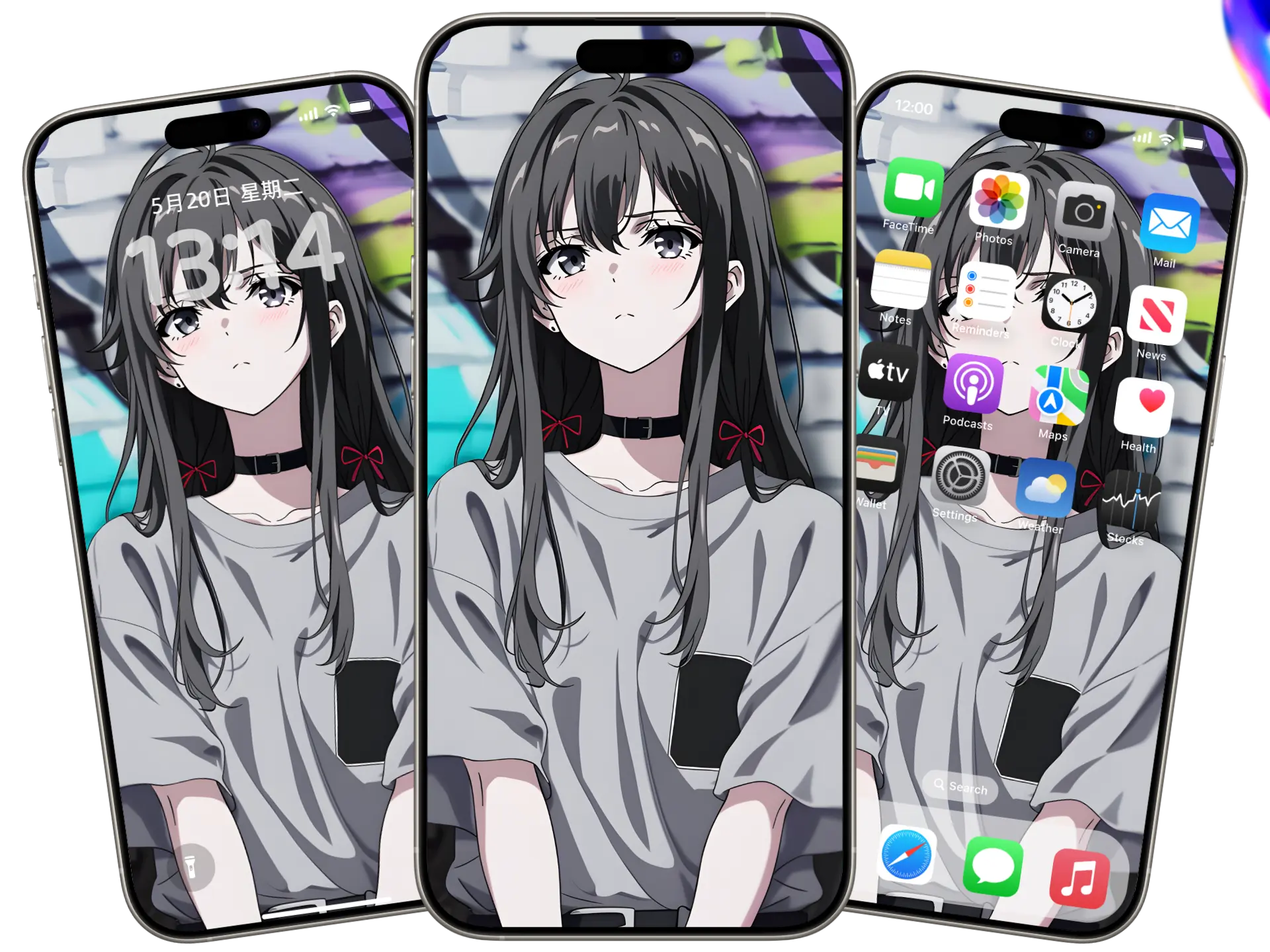 《我的青春恋爱物语果然有问题》雪之下雪乃4K手机壁纸，黑色长发红色蝴蝶结，灰色T恤，街头涂鸦砖墙背景，超清动漫插画