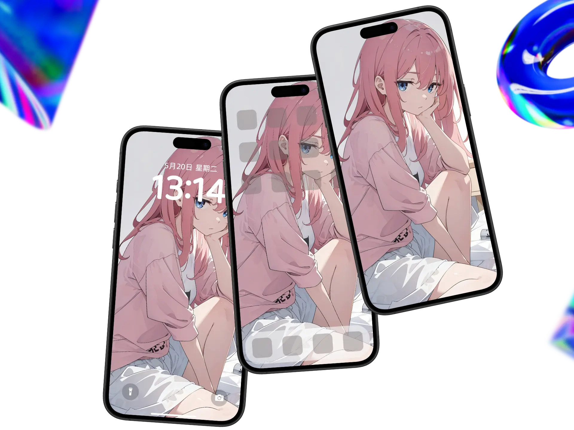 粉色长发少女坐于床边,蓝色大眼温柔凝视的4K动漫手机壁纸