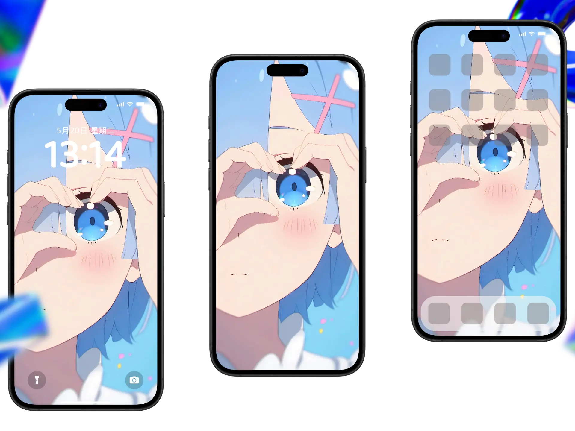 《Re:Zero》蕾姆闭眼手势特写,蓝发与白色花瓣环绕的4K手机壁纸