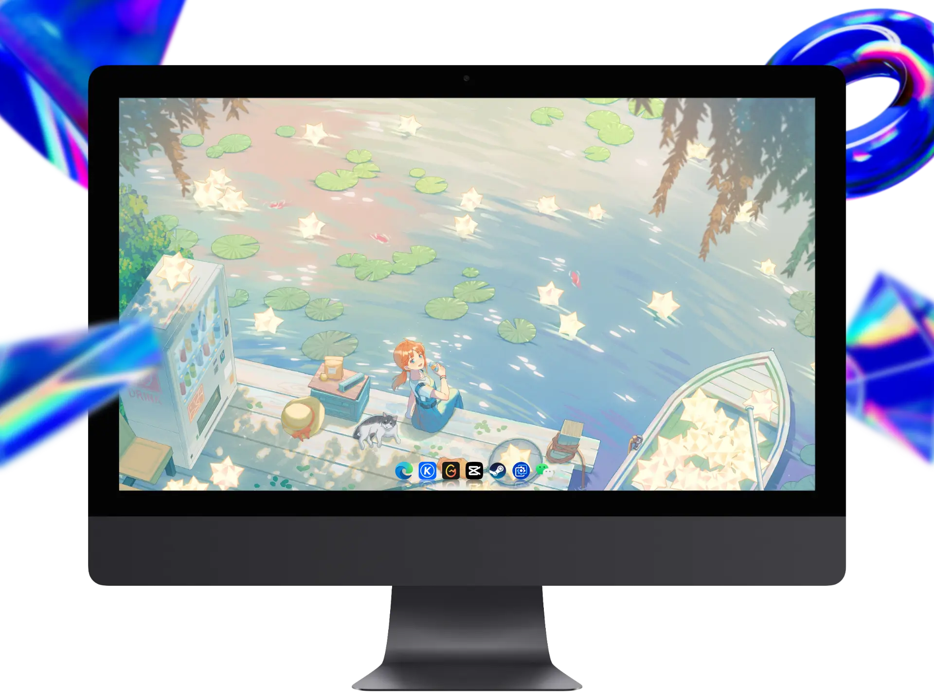 少女河畔赏星4K动漫桌面壁纸,荷叶与纸星漂浮二次元唯美场景