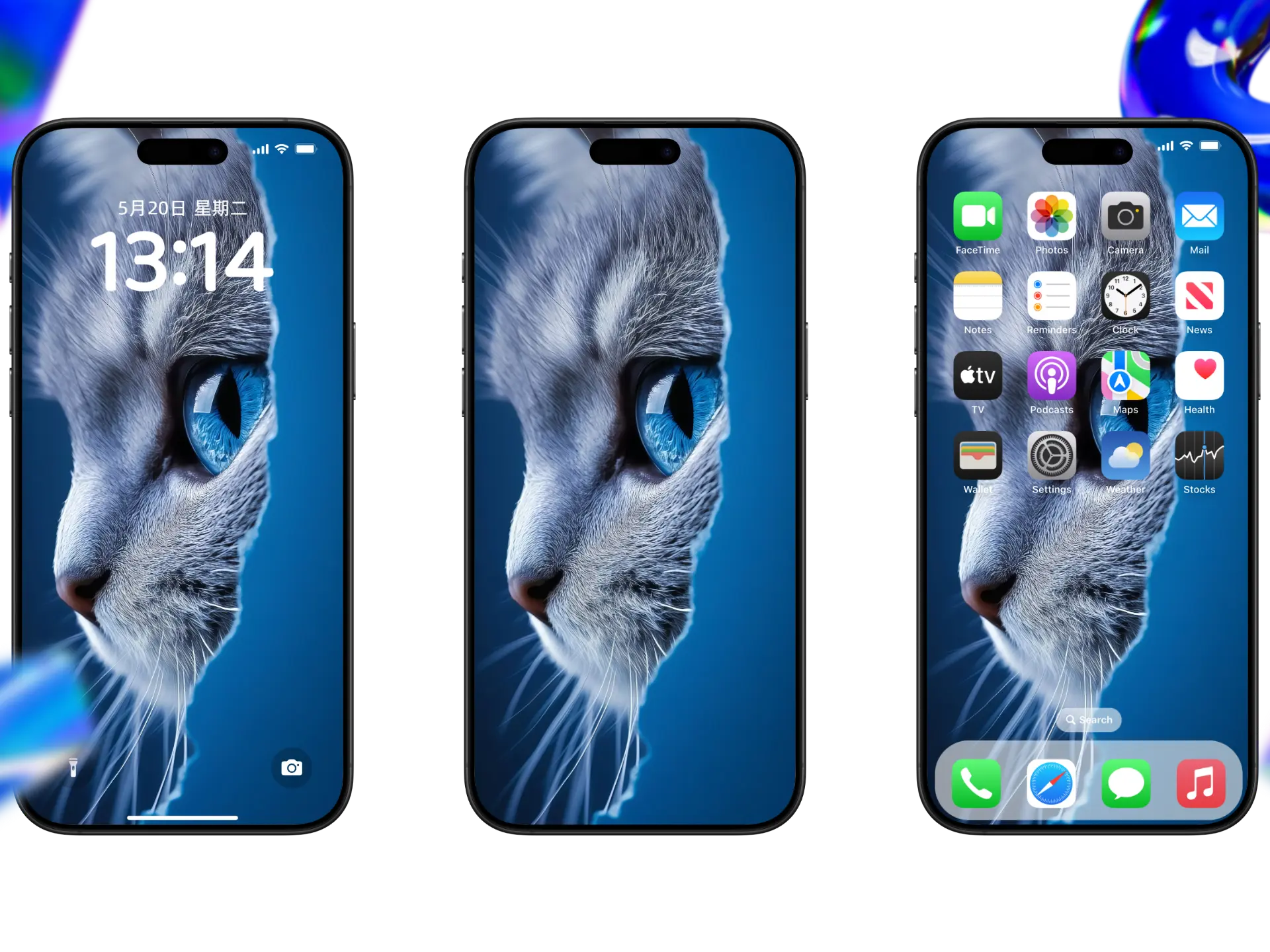 超写实灰白猫咪特写,宝石蓝眼与撕裂构图的4K手机壁纸