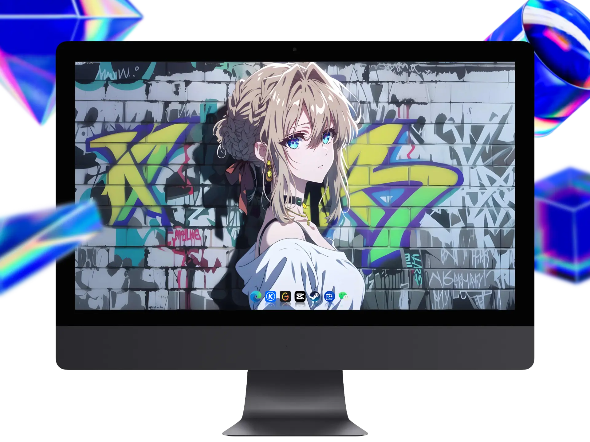 《紫罗兰永恒花园》薇尔莉特·伊芙加登4K电脑壁纸,金色编发蓝色眼睛,白色露肩上衣,街头涂鸦砖墙背景,超清动漫插画