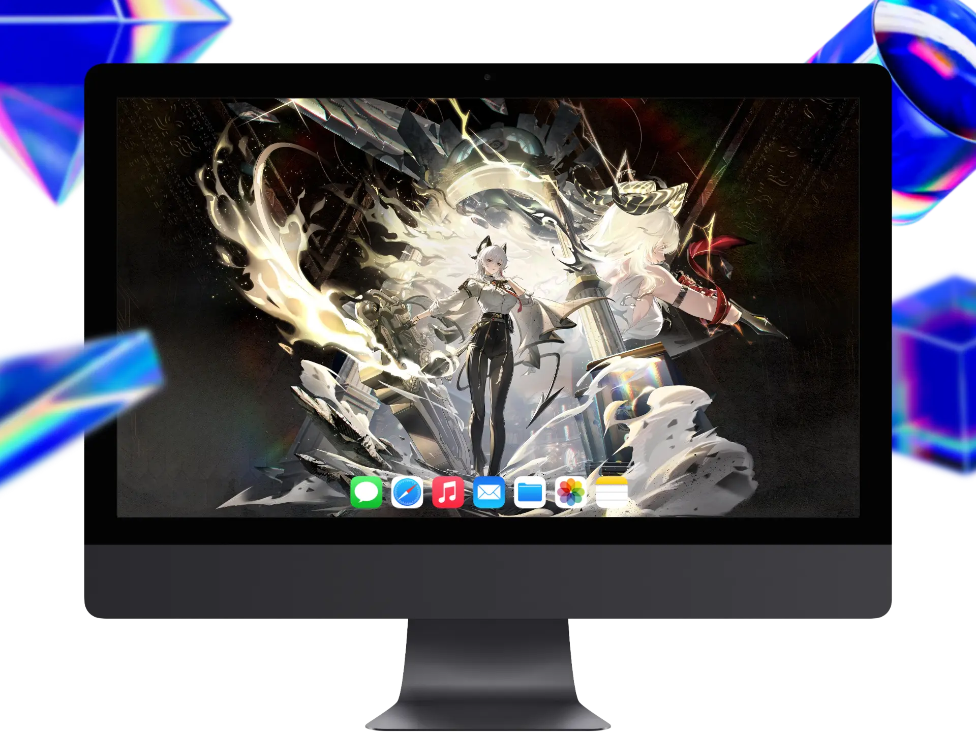 《鸣潮》赞妮5K电脑壁纸,白色短发恶魔角少女,身着西服,破碎光芒环绕,科幻二次元插画