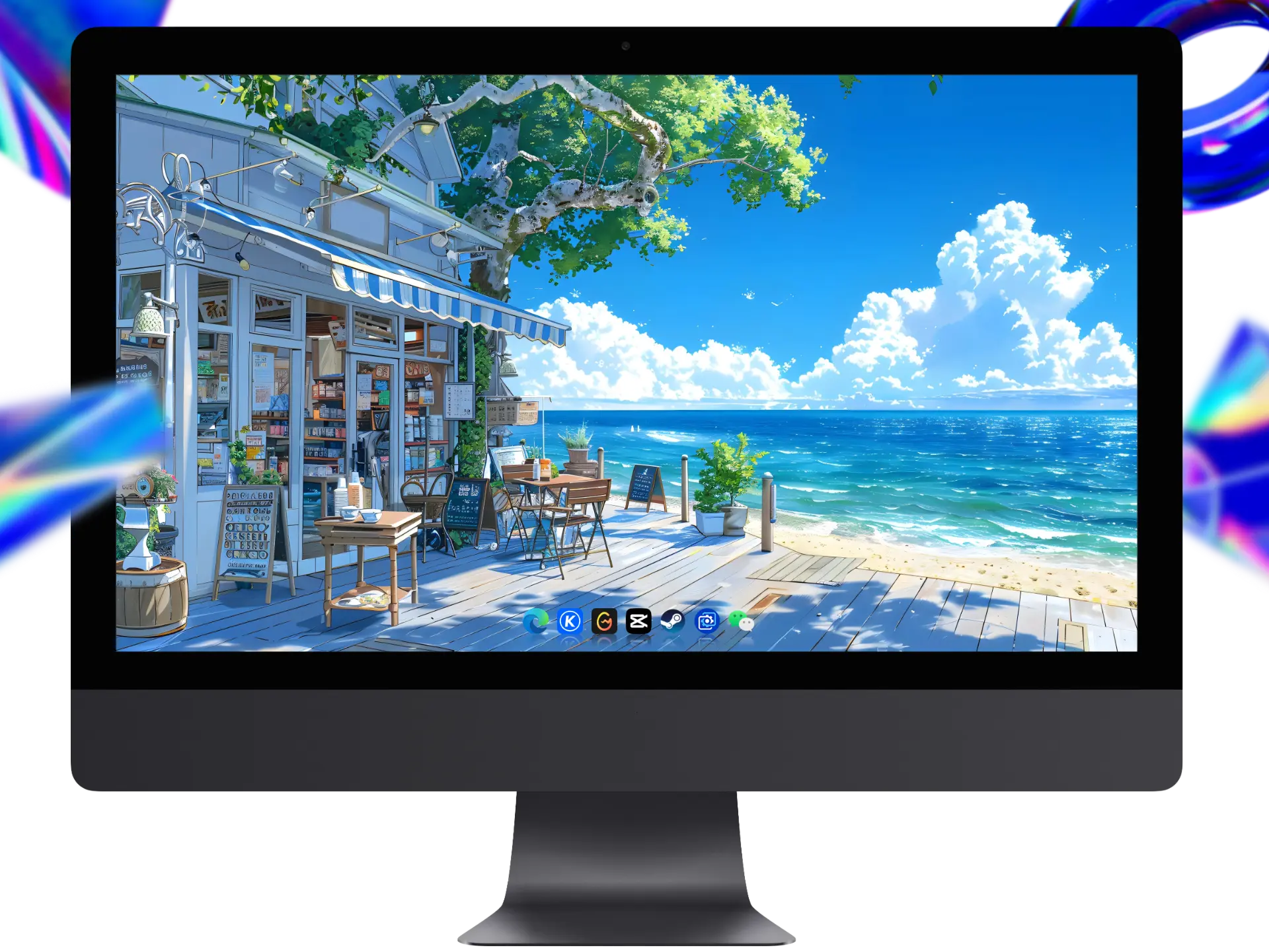 夏日海边小店风景插画,蓝白条纹遮阳篷,木质露台与海浪交相辉映,3840×2160 4K高清无水印