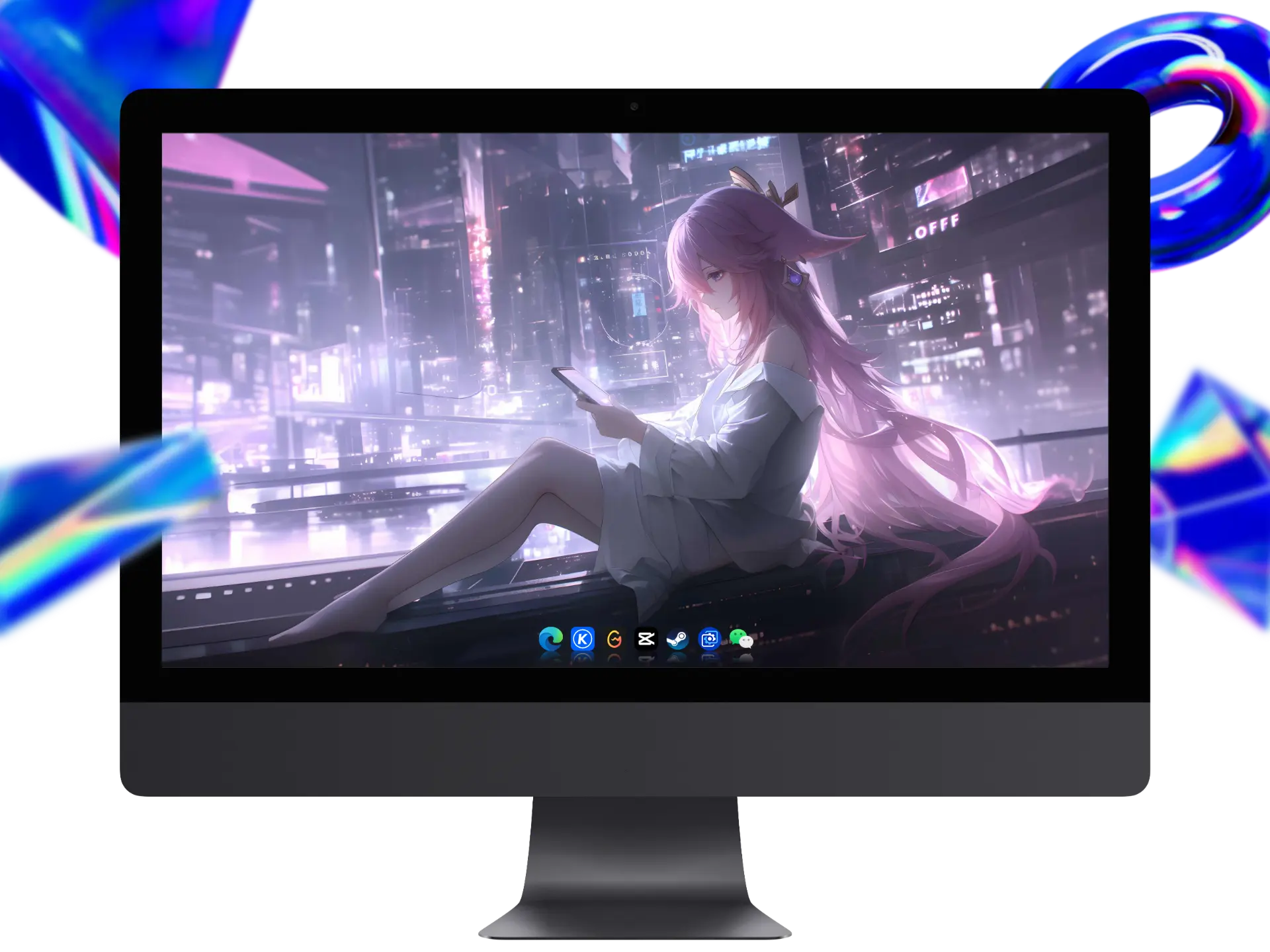 原神八重神子粉发狐耳少女持手札坐于霓虹夜景4K壁纸